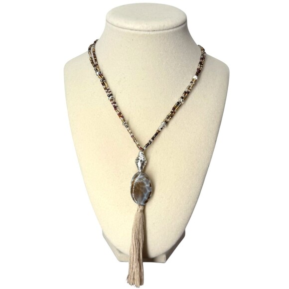 J. Jill Multi-Beaded Strand Necklace Long Agate Pendant Tassel Statement Metal - Picture 2 of 10